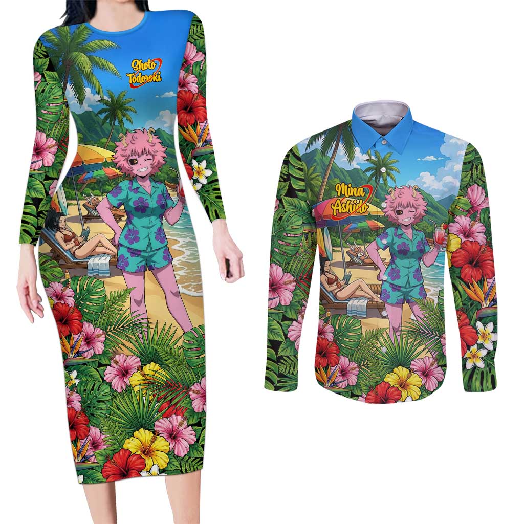 Mina Ashido Summer Chill Couples Matching Long Sleeve Bodycon Dress and Long Sleeve Button Shirt Tropical Anime Cocktail Vibes