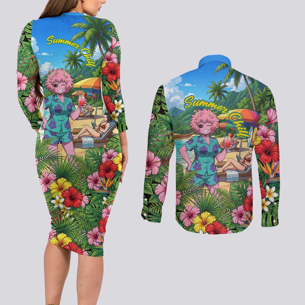 Mina Ashido Summer Chill Couples Matching Long Sleeve Bodycon Dress and Long Sleeve Button Shirt Tropical Anime Cocktail Vibes