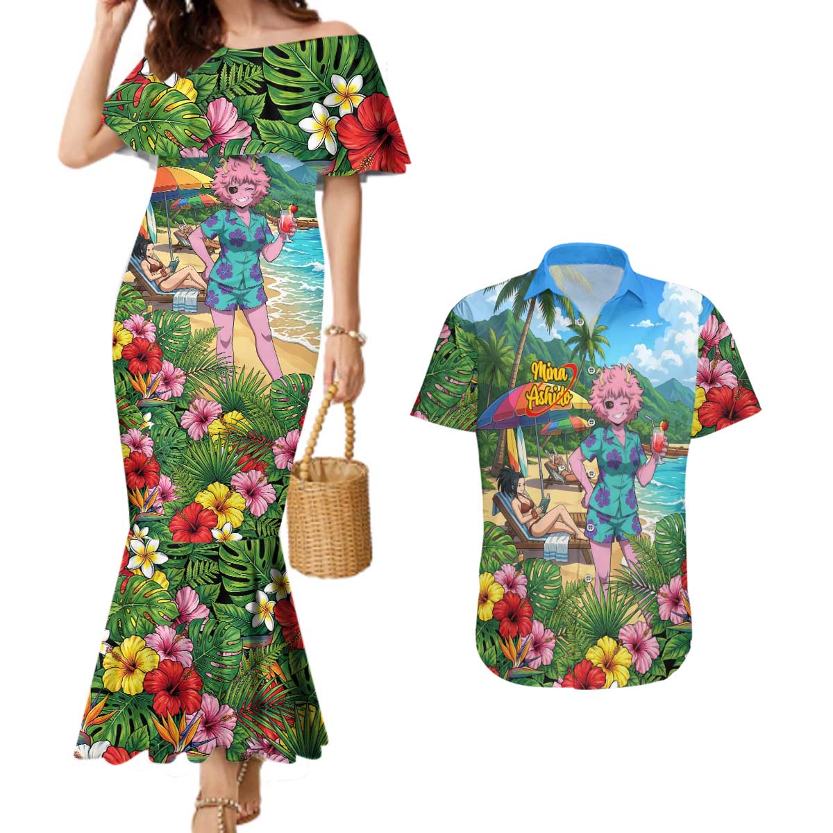 Mina Ashido Summer Chill Couples Matching Mermaid Dress and Hawaiian Shirt Tropical Anime Cocktail Vibes
