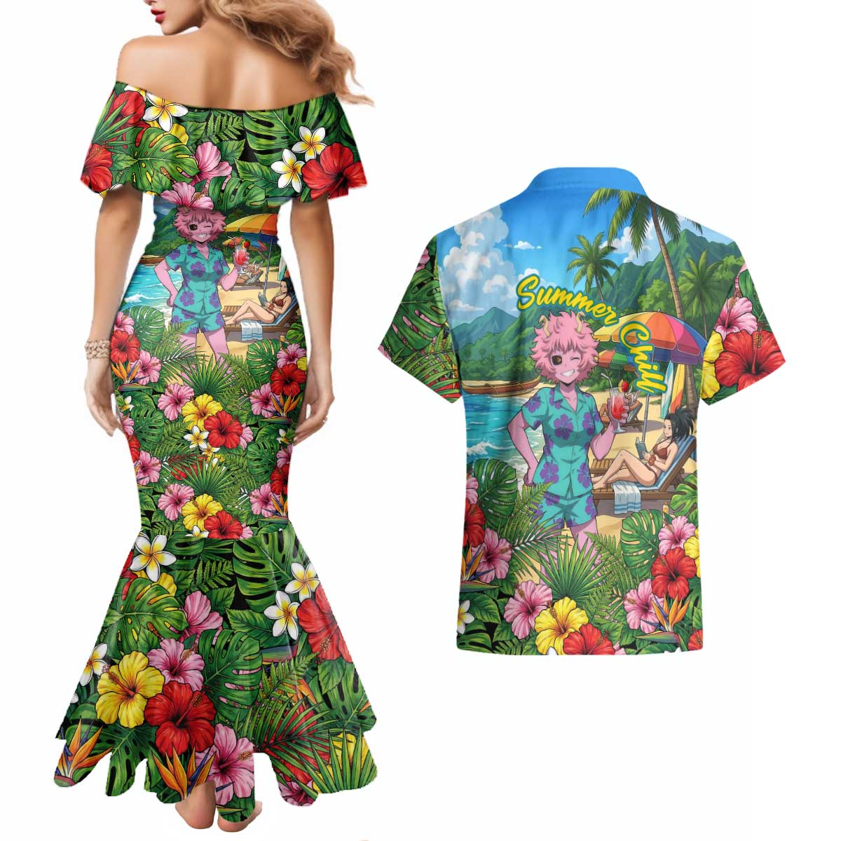 Mina Ashido Summer Chill Couples Matching Mermaid Dress and Hawaiian Shirt Tropical Anime Cocktail Vibes