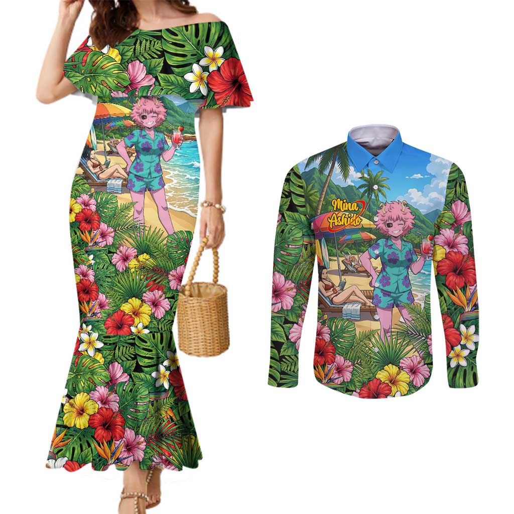 Mina Ashido Summer Chill Couples Matching Mermaid Dress and Long Sleeve Button Shirt Tropical Anime Cocktail Vibes