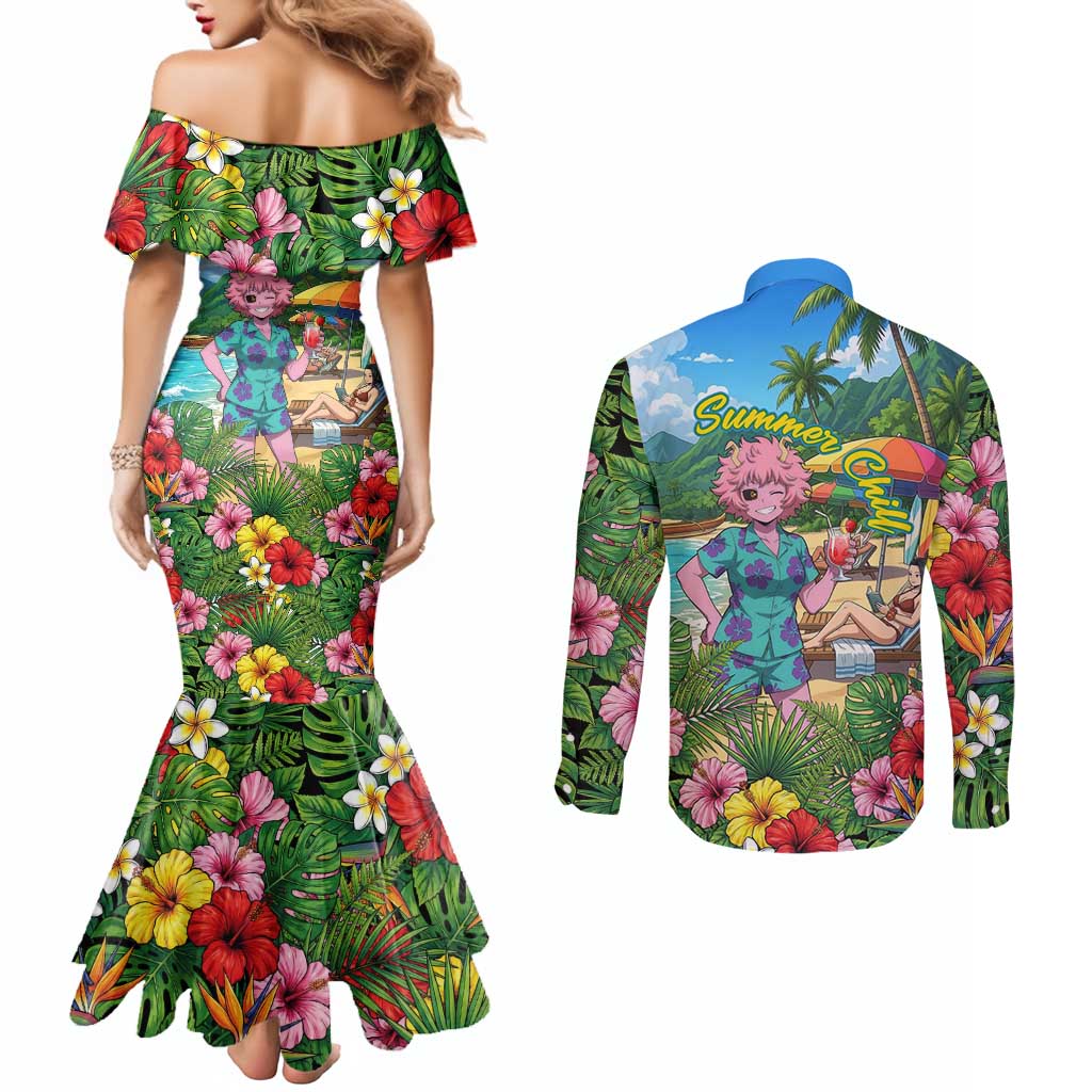 Mina Ashido Summer Chill Couples Matching Mermaid Dress and Long Sleeve Button Shirt Tropical Anime Cocktail Vibes