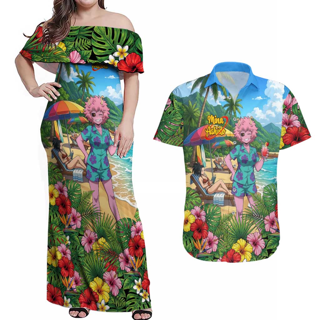 Mina Ashido Summer Chill Couples Matching Off Shoulder Maxi Dress and Hawaiian Shirt Tropical Anime Cocktail Vibes