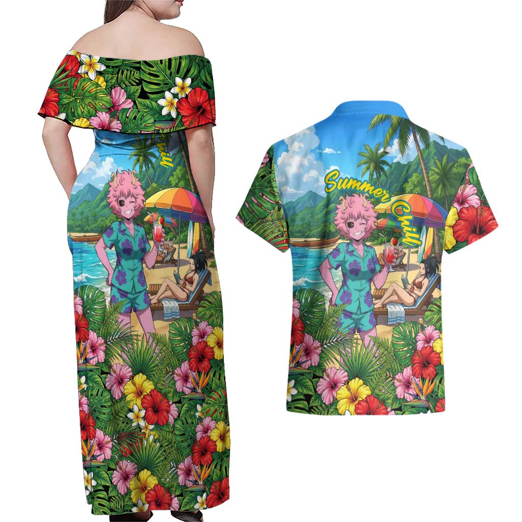 Mina Ashido Summer Chill Couples Matching Off Shoulder Maxi Dress and Hawaiian Shirt Tropical Anime Cocktail Vibes