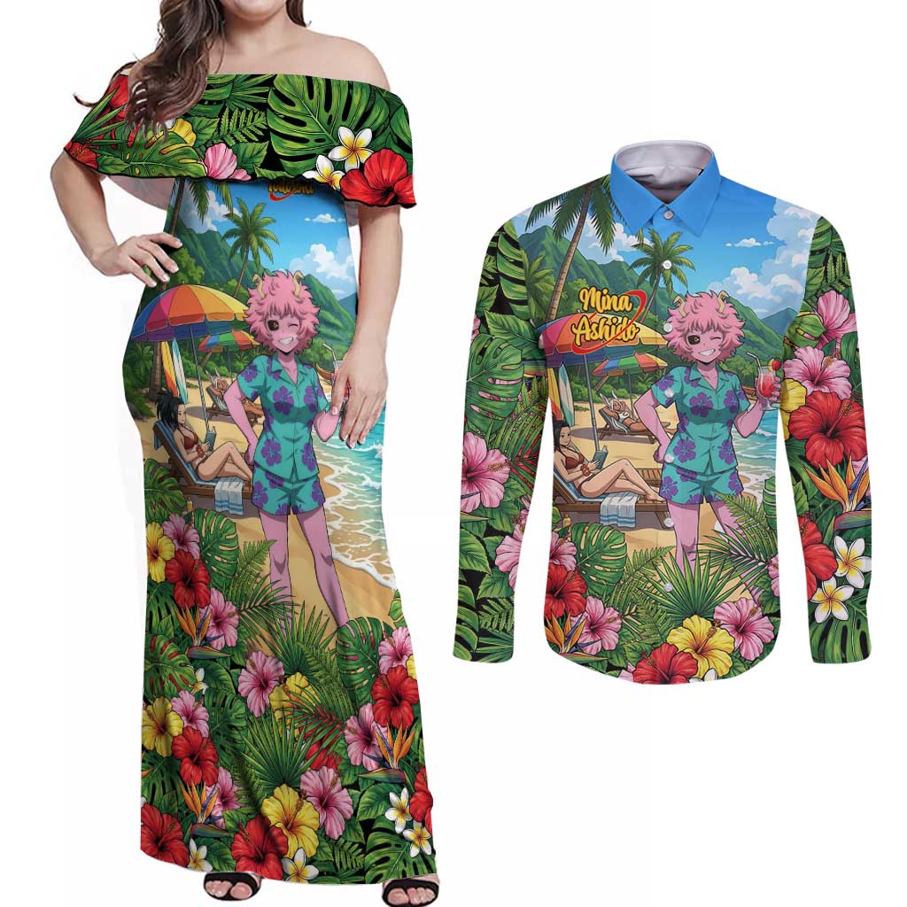 Mina Ashido Summer Chill Couples Matching Off Shoulder Maxi Dress and Long Sleeve Button Shirt Tropical Anime Cocktail Vibes
