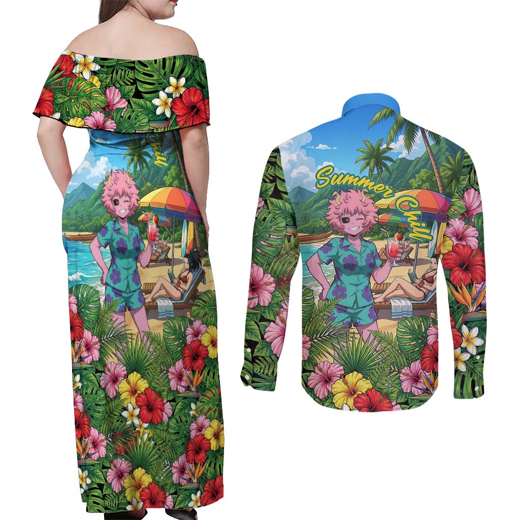 Mina Ashido Summer Chill Couples Matching Off Shoulder Maxi Dress and Long Sleeve Button Shirt Tropical Anime Cocktail Vibes
