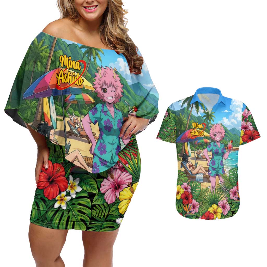 Mina Ashido Summer Chill Couples Matching Off Shoulder Short Dress and Hawaiian Shirt Tropical Anime Cocktail Vibes