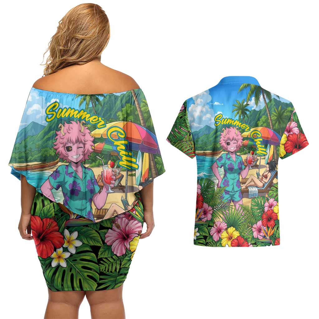 Mina Ashido Summer Chill Couples Matching Off Shoulder Short Dress and Hawaiian Shirt Tropical Anime Cocktail Vibes