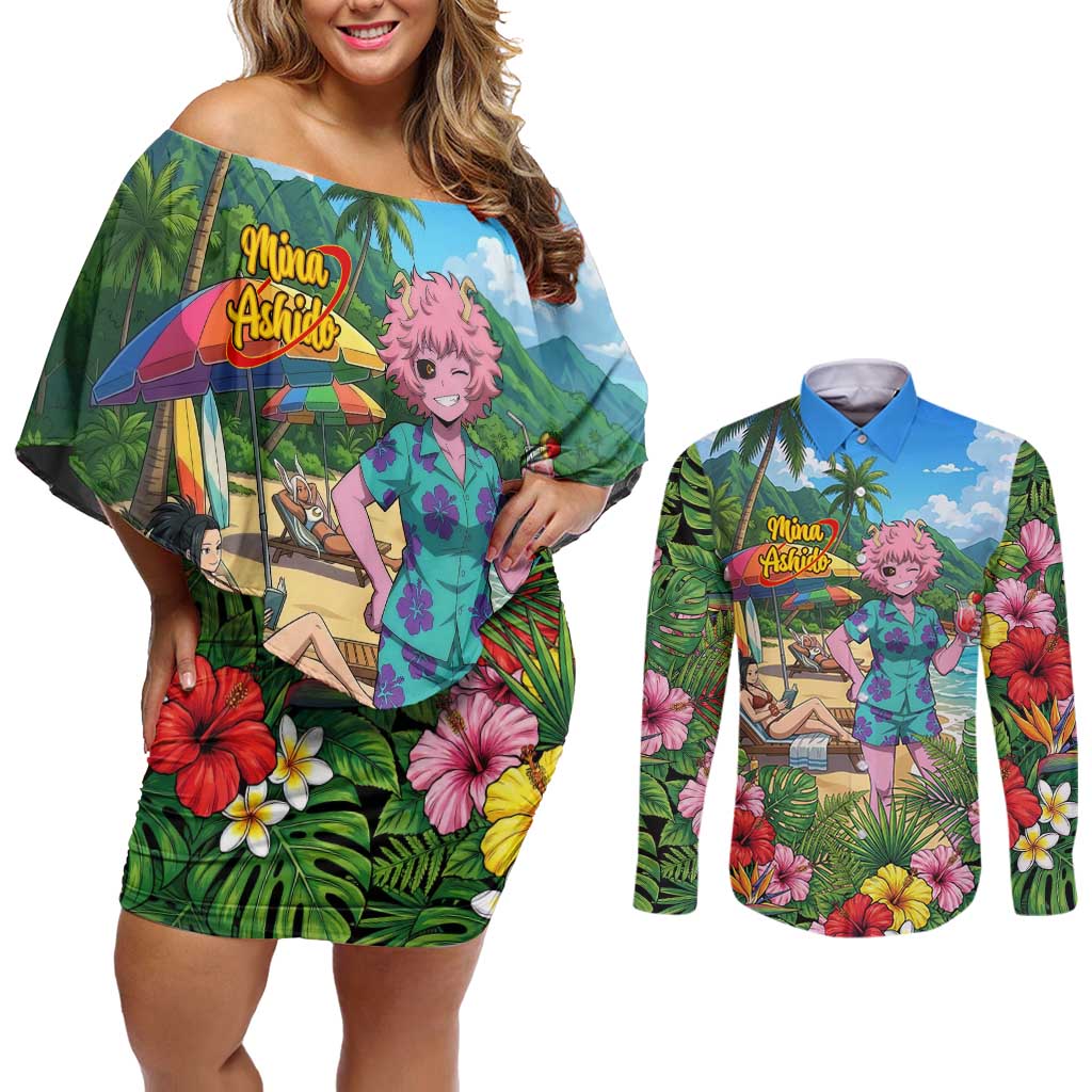 Mina Ashido Summer Chill Couples Matching Off Shoulder Short Dress and Long Sleeve Button Shirt Tropical Anime Cocktail Vibes
