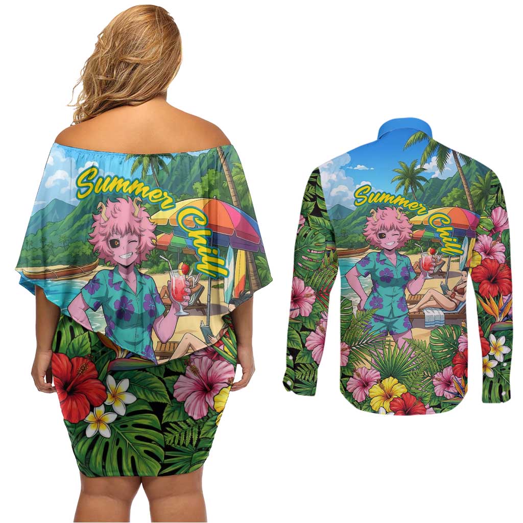 Mina Ashido Summer Chill Couples Matching Off Shoulder Short Dress and Long Sleeve Button Shirt Tropical Anime Cocktail Vibes