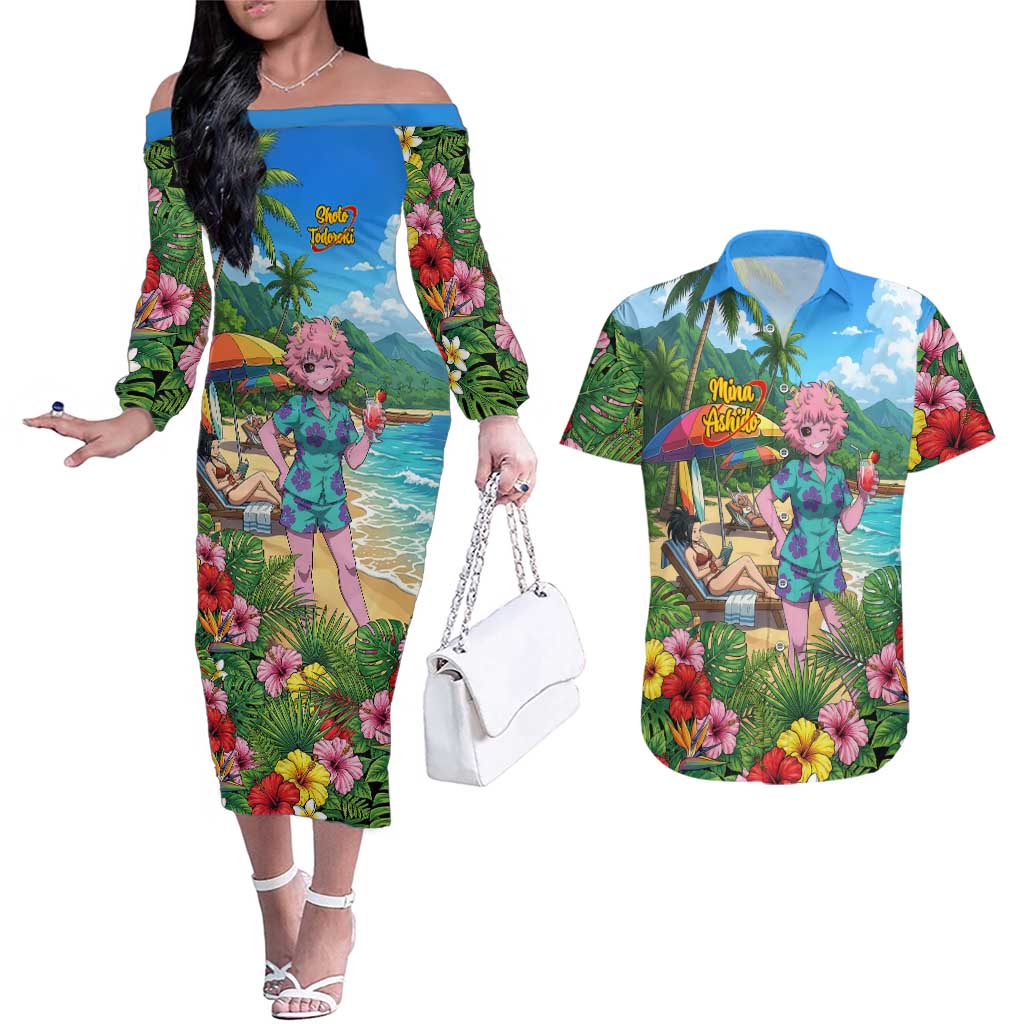 Mina Ashido Summer Chill Couples Matching Off The Shoulder Long Sleeve Dress and Hawaiian Shirt Tropical Anime Cocktail Vibes
