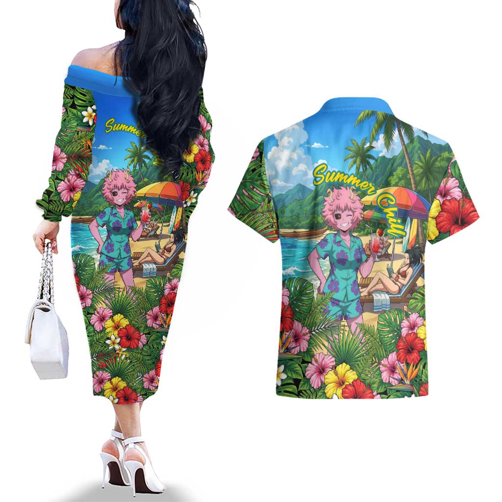 Mina Ashido Summer Chill Couples Matching Off The Shoulder Long Sleeve Dress and Hawaiian Shirt Tropical Anime Cocktail Vibes