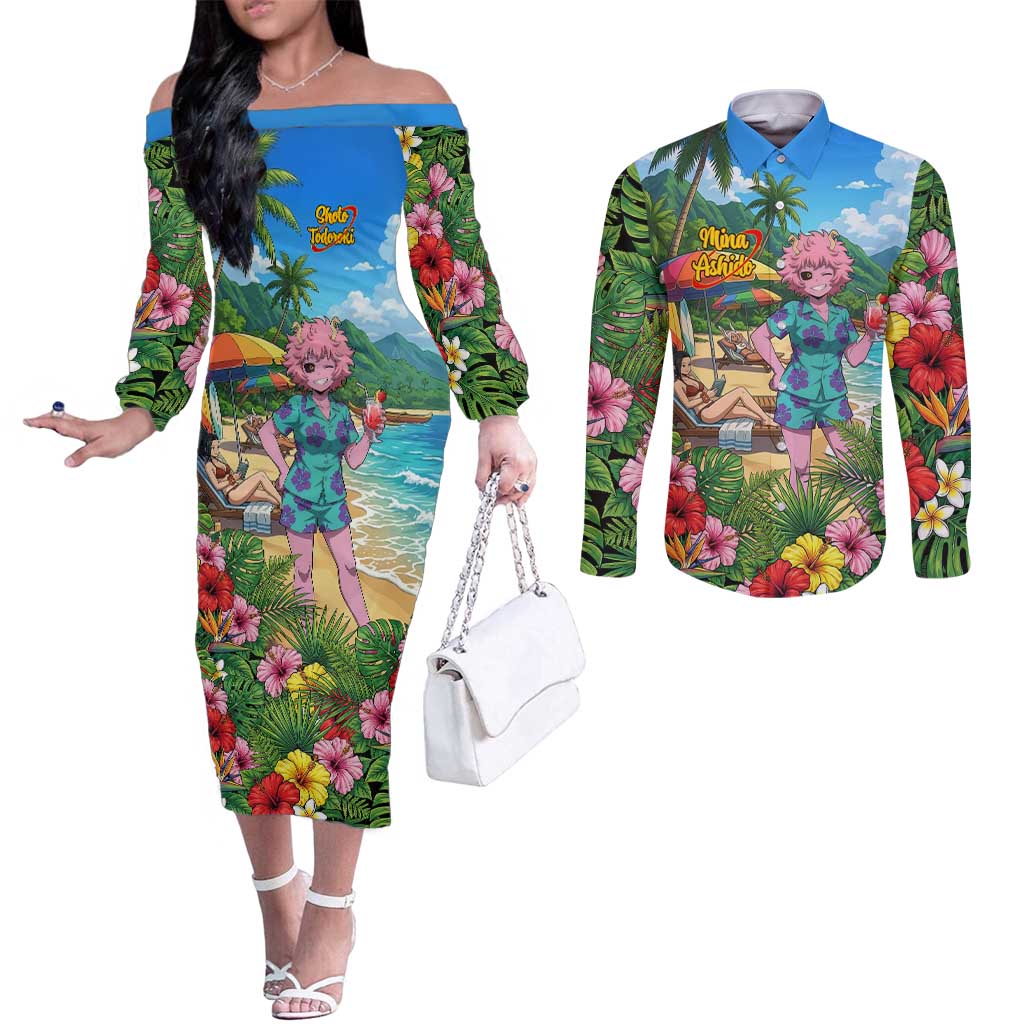 Mina Ashido Summer Chill Couples Matching Off The Shoulder Long Sleeve Dress and Long Sleeve Button Shirt Tropical Anime Cocktail Vibes