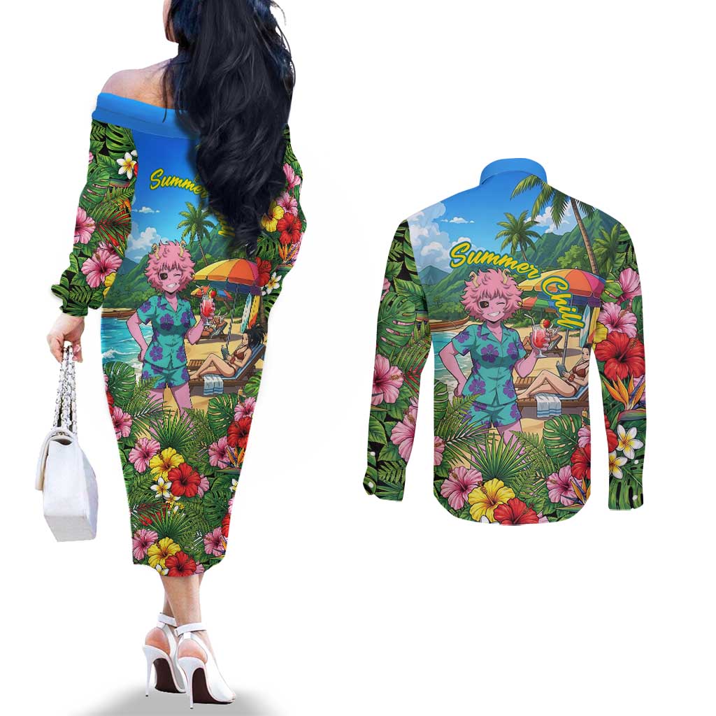 Mina Ashido Summer Chill Couples Matching Off The Shoulder Long Sleeve Dress and Long Sleeve Button Shirt Tropical Anime Cocktail Vibes