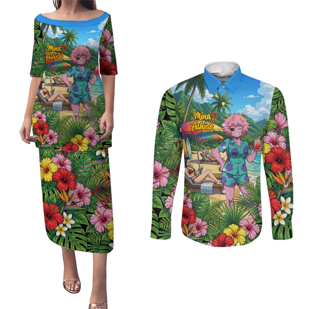 Mina Ashido Summer Chill Couples Matching Puletasi and Long Sleeve Button Shirt Tropical Anime Cocktail Vibes