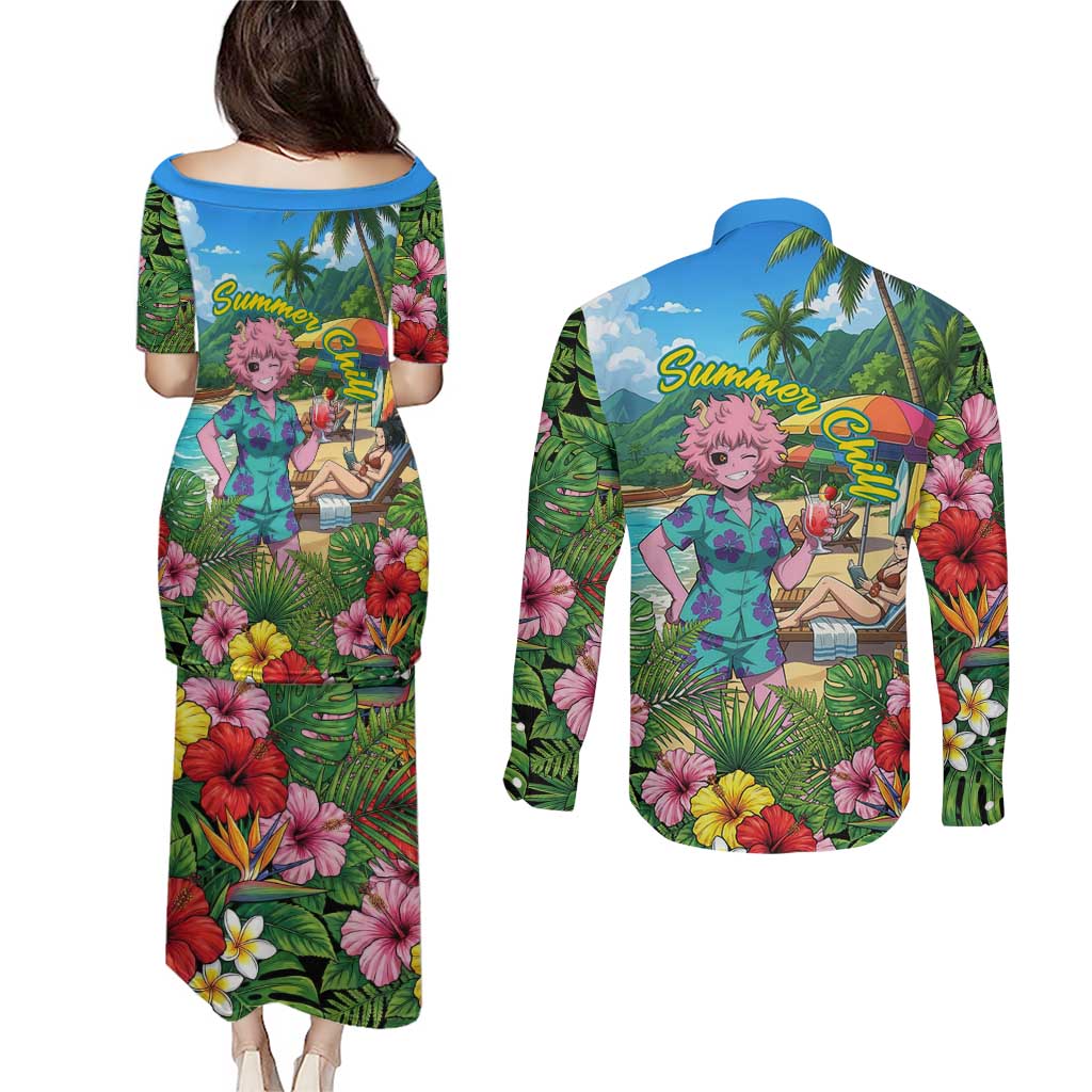 Mina Ashido Summer Chill Couples Matching Puletasi and Long Sleeve Button Shirt Tropical Anime Cocktail Vibes