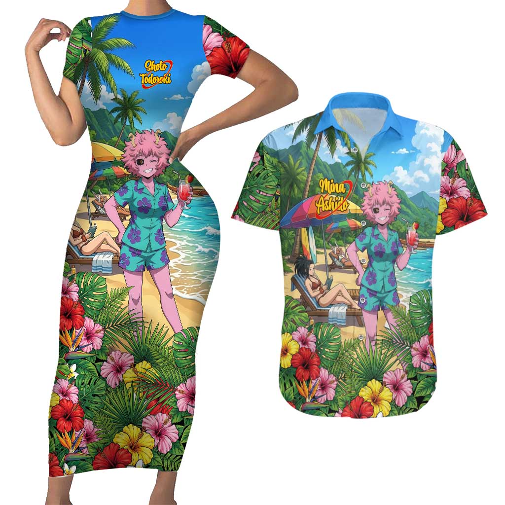 Mina Ashido Summer Chill Couples Matching Short Sleeve Bodycon Dress and Hawaiian Shirt Tropical Anime Cocktail Vibes