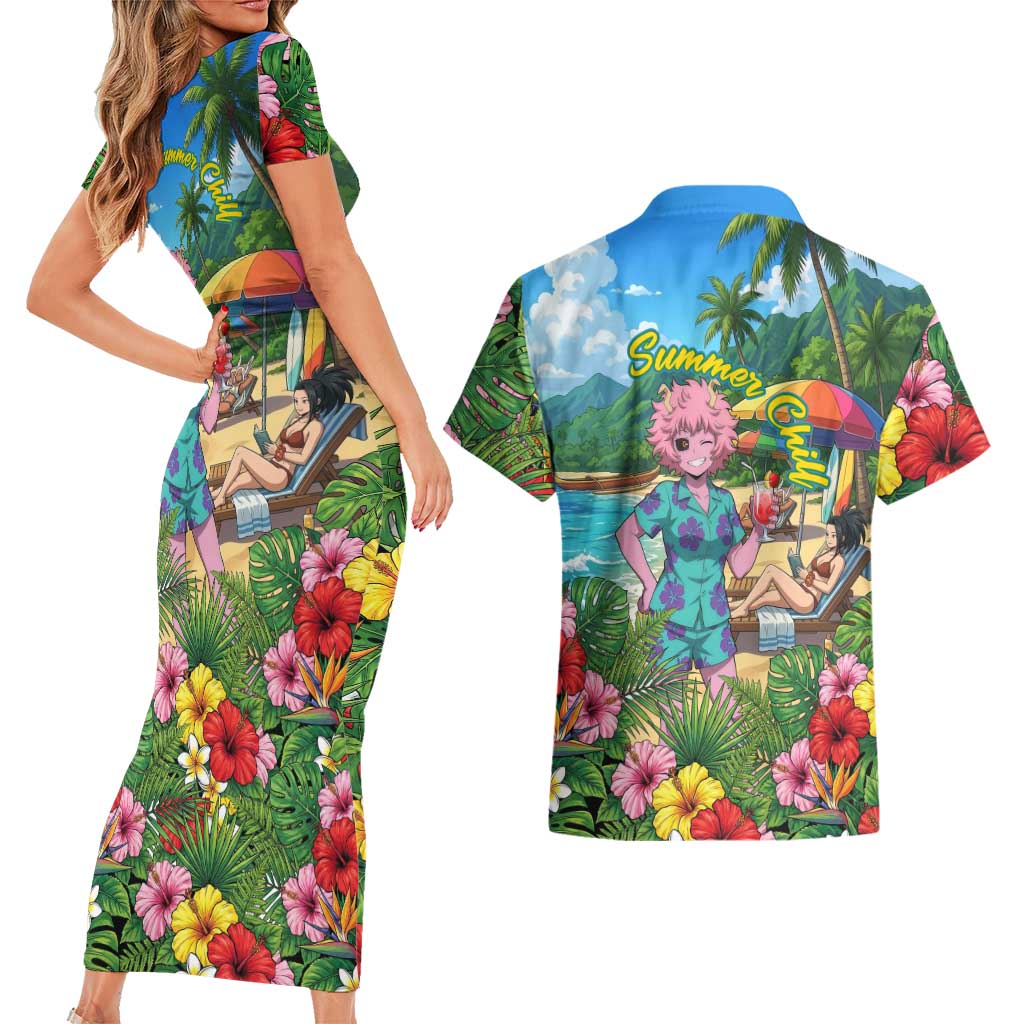 Mina Ashido Summer Chill Couples Matching Short Sleeve Bodycon Dress and Hawaiian Shirt Tropical Anime Cocktail Vibes