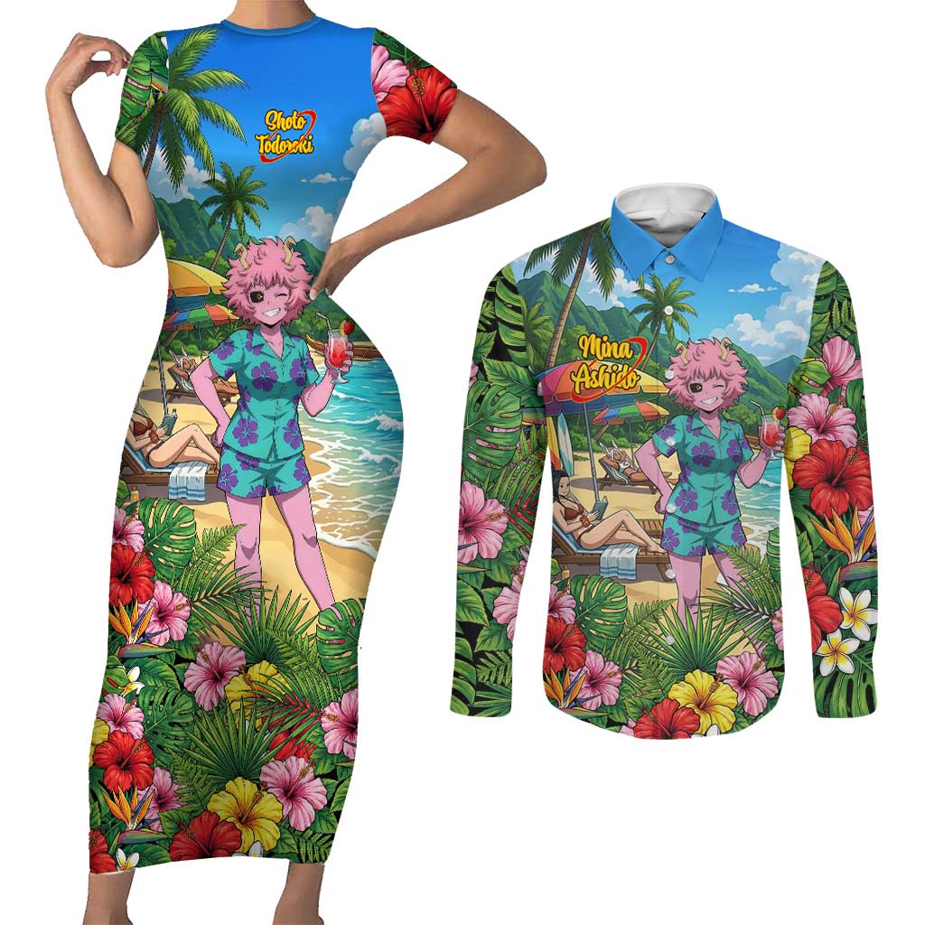 Mina Ashido Summer Chill Couples Matching Short Sleeve Bodycon Dress and Long Sleeve Button Shirt Tropical Anime Cocktail Vibes