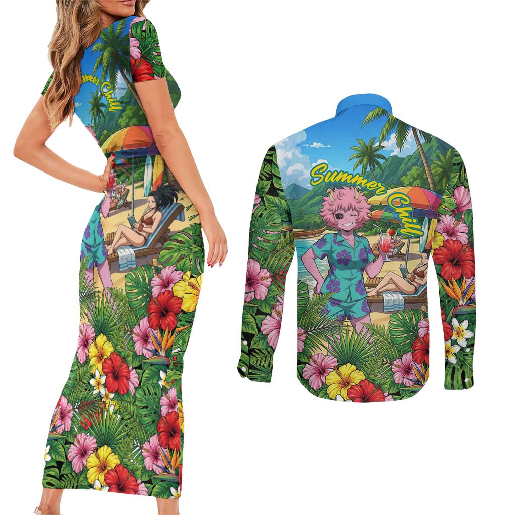 Mina Ashido Summer Chill Couples Matching Short Sleeve Bodycon Dress and Long Sleeve Button Shirt Tropical Anime Cocktail Vibes