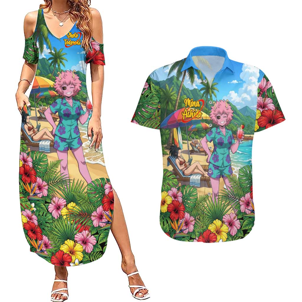 Mina Ashido Summer Chill Couples Matching Summer Maxi Dress and Hawaiian Shirt Tropical Anime Cocktail Vibes
