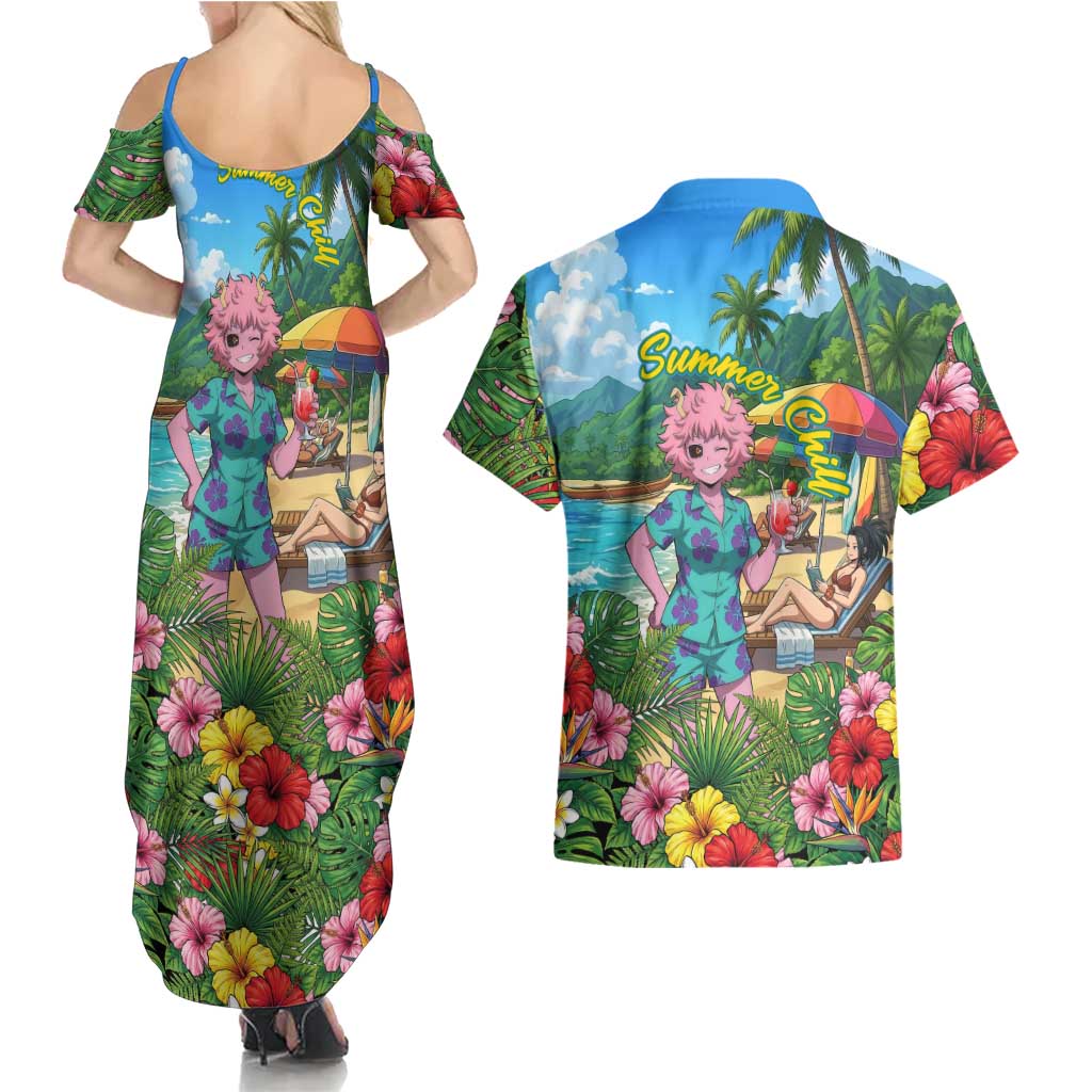 Mina Ashido Summer Chill Couples Matching Summer Maxi Dress and Hawaiian Shirt Tropical Anime Cocktail Vibes