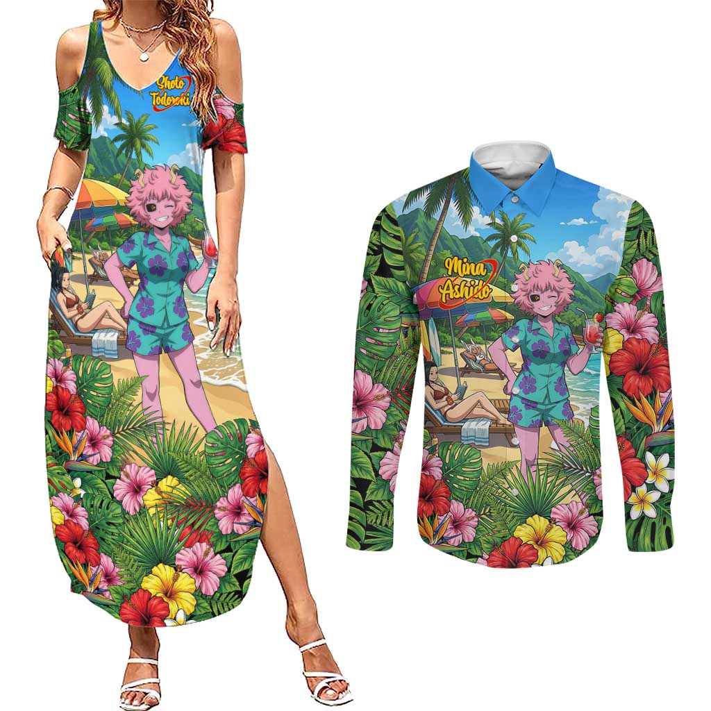 Mina Ashido Summer Chill Couples Matching Summer Maxi Dress and Long Sleeve Button Shirt Tropical Anime Cocktail Vibes