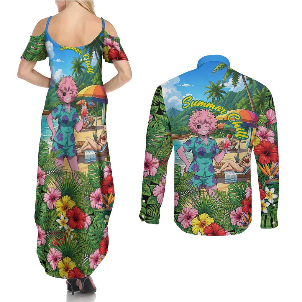 Mina Ashido Summer Chill Couples Matching Summer Maxi Dress and Long Sleeve Button Shirt Tropical Anime Cocktail Vibes