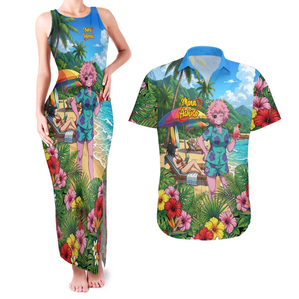 Mina Ashido Summer Chill Couples Matching Tank Maxi Dress and Hawaiian Shirt Tropical Anime Cocktail Vibes