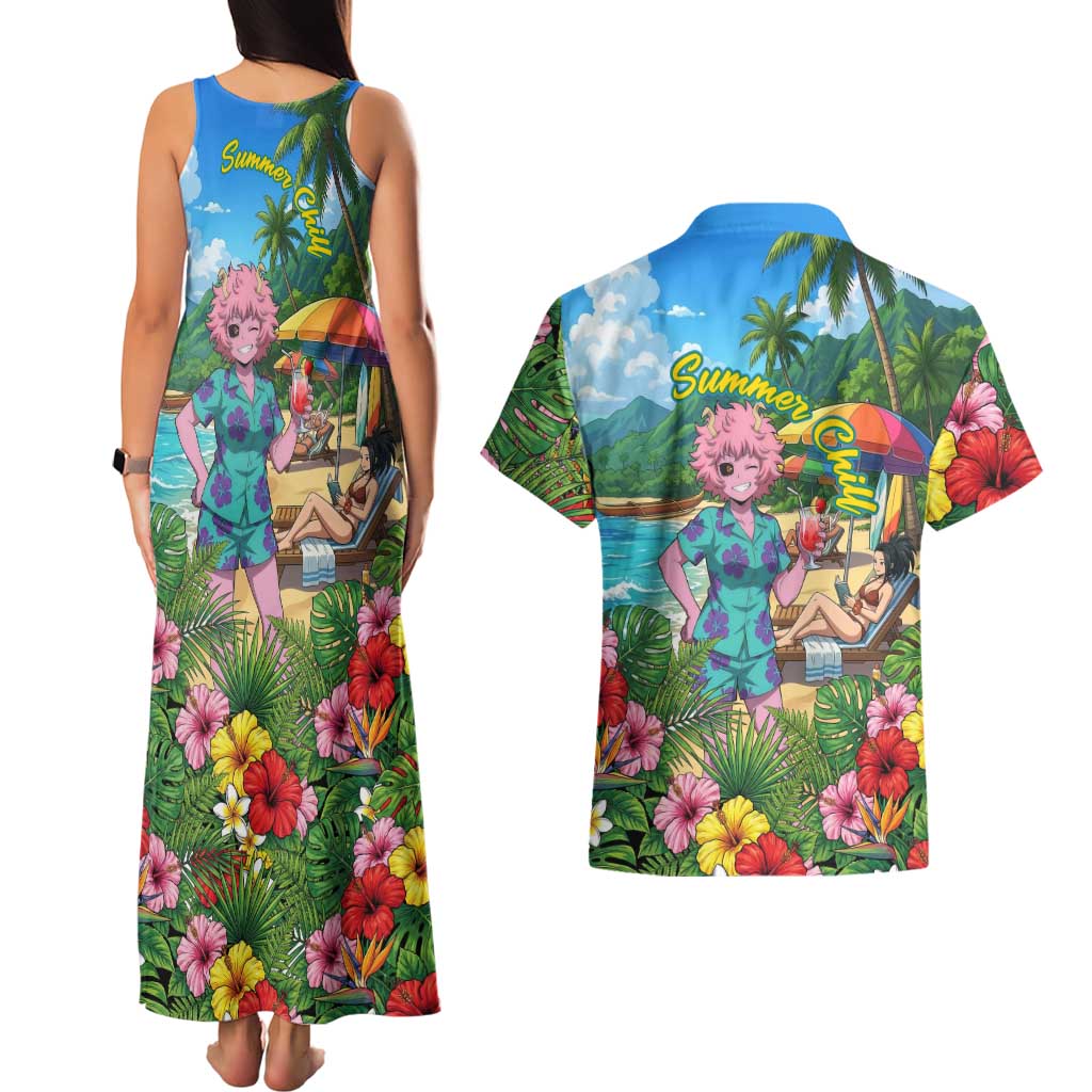 Mina Ashido Summer Chill Couples Matching Tank Maxi Dress and Hawaiian Shirt Tropical Anime Cocktail Vibes