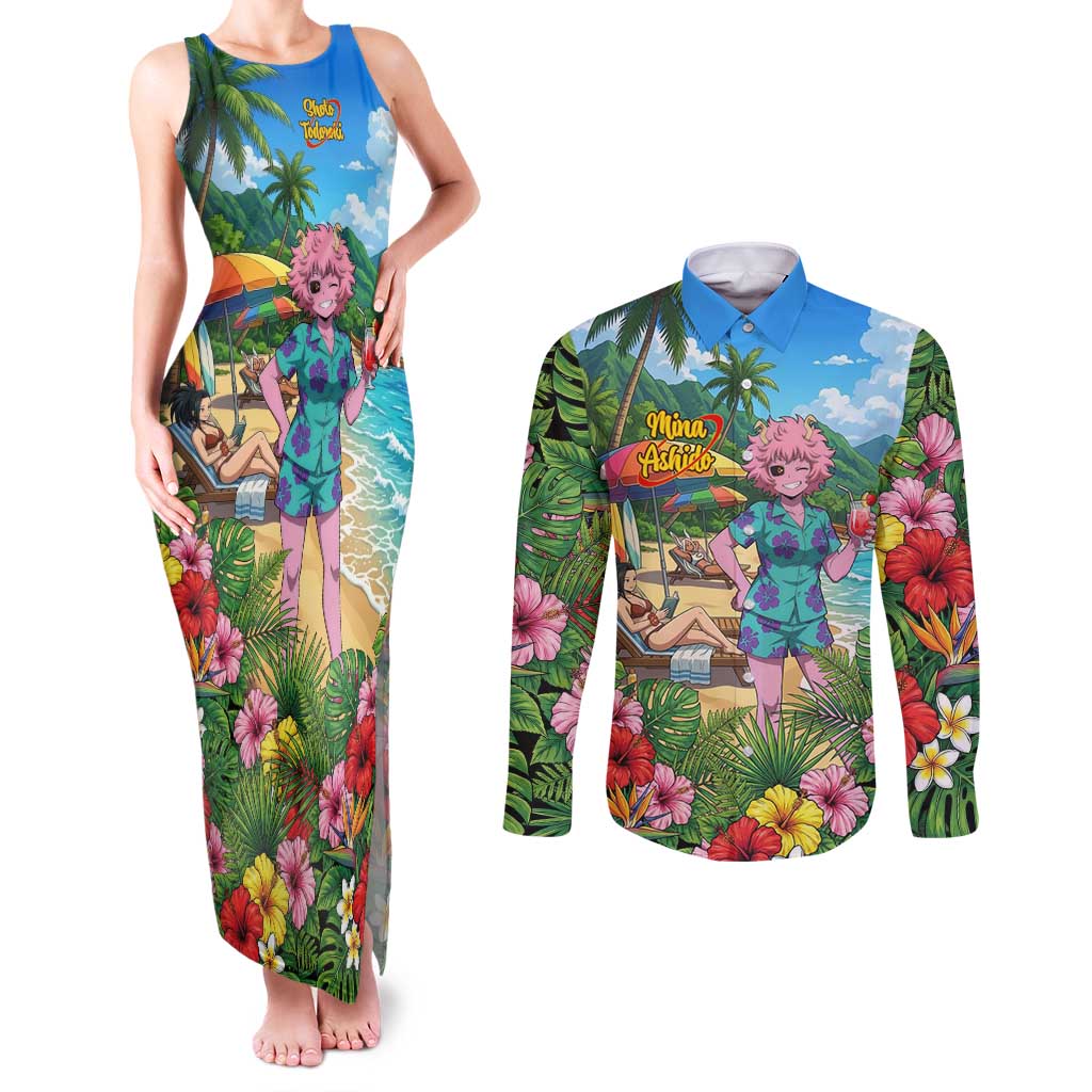 Mina Ashido Summer Chill Couples Matching Tank Maxi Dress and Long Sleeve Button Shirt Tropical Anime Cocktail Vibes