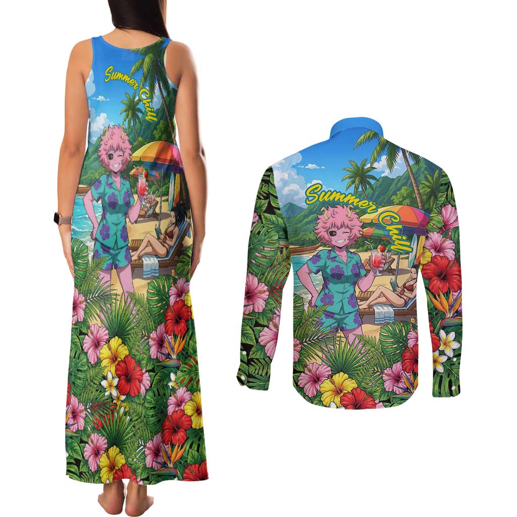Mina Ashido Summer Chill Couples Matching Tank Maxi Dress and Long Sleeve Button Shirt Tropical Anime Cocktail Vibes