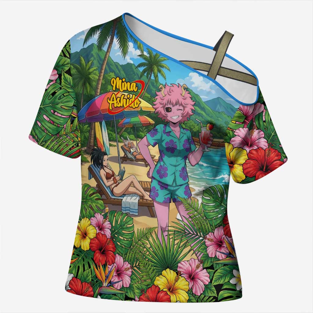 Mina Ashido Summer Chill Cross Shoulder Shirt Tropical Anime Cocktail Vibes