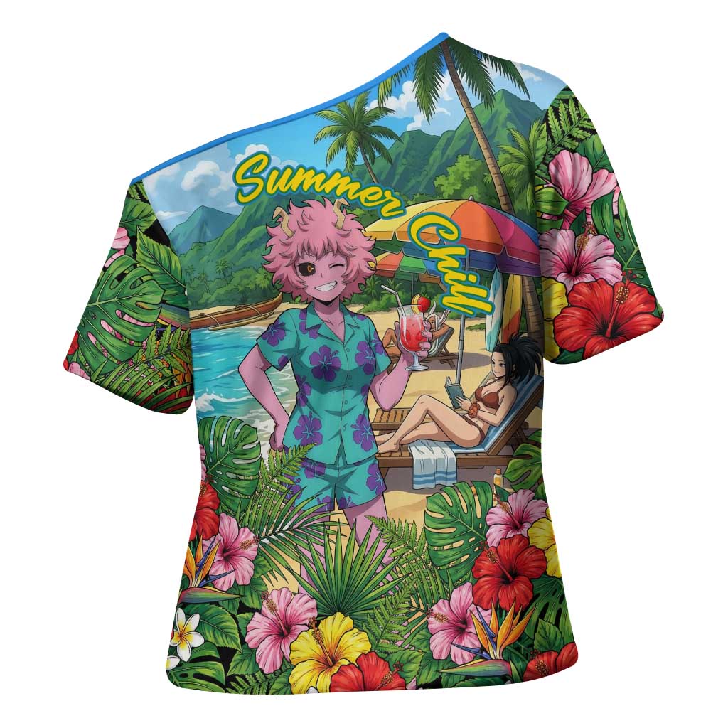 Mina Ashido Summer Chill Cross Shoulder Shirt Tropical Anime Cocktail Vibes