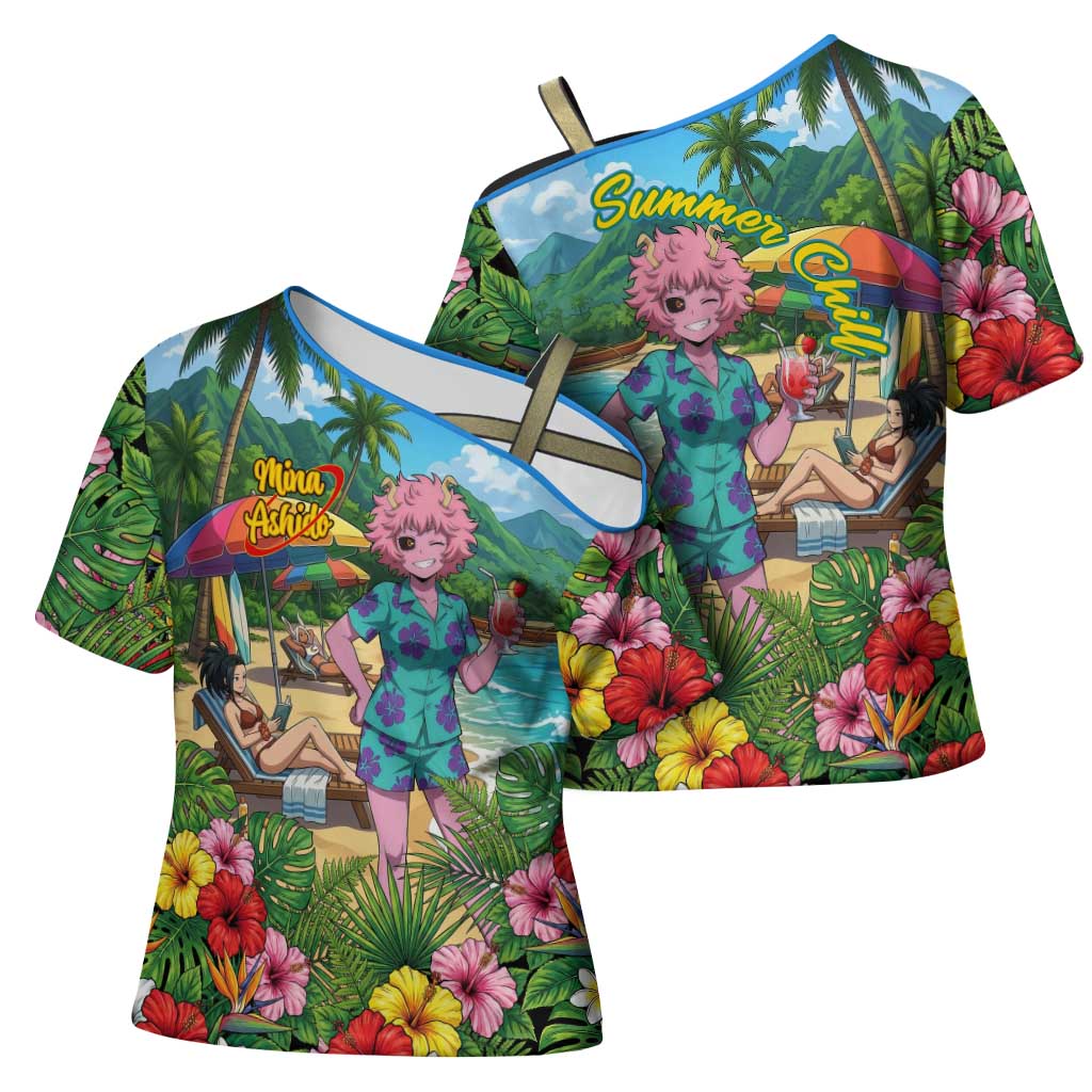 Mina Ashido Summer Chill Cross Shoulder Shirt Tropical Anime Cocktail Vibes