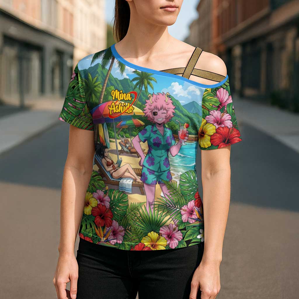 Mina Ashido Summer Chill Cross Shoulder Shirt Tropical Anime Cocktail Vibes