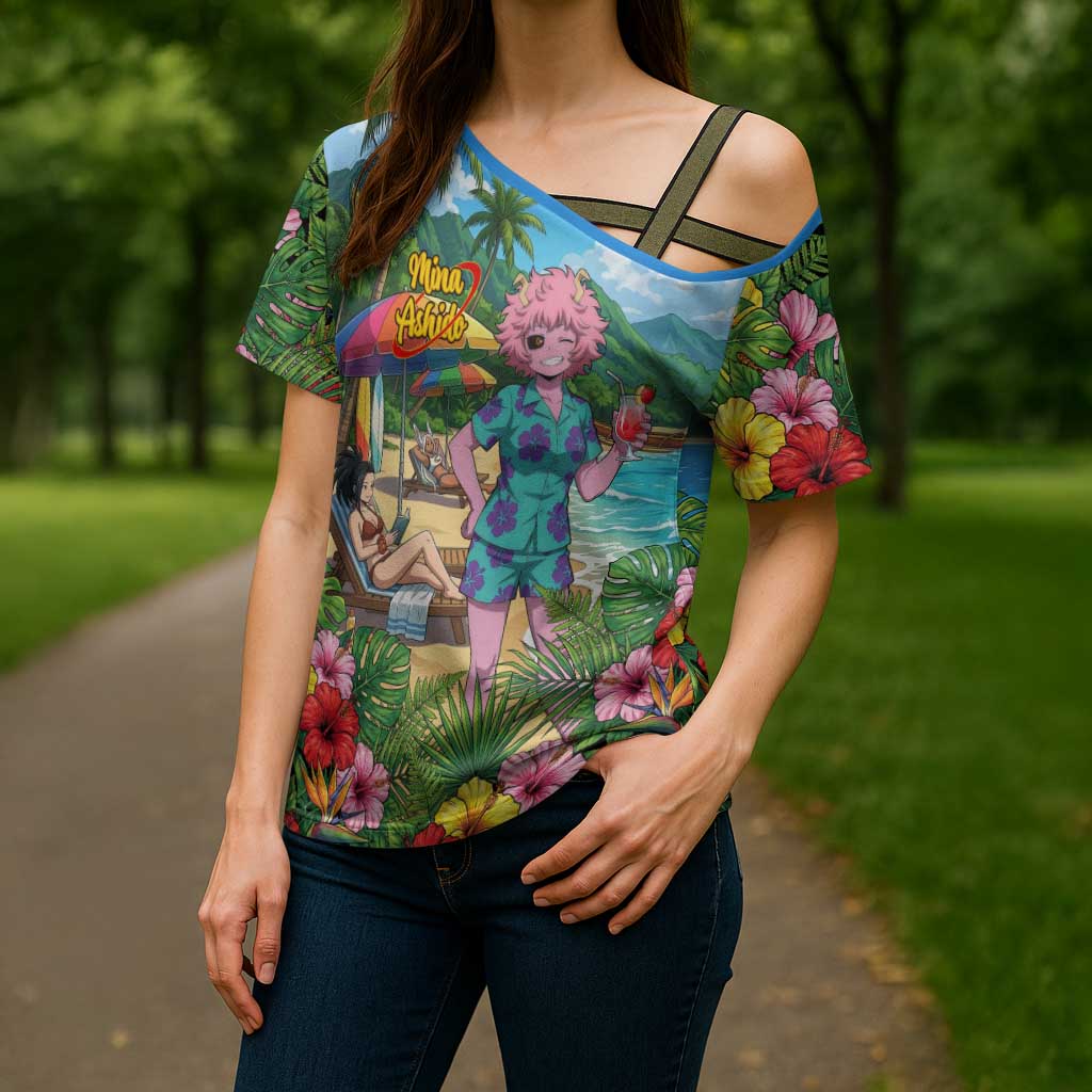 Mina Ashido Summer Chill Cross Shoulder Shirt Tropical Anime Cocktail Vibes