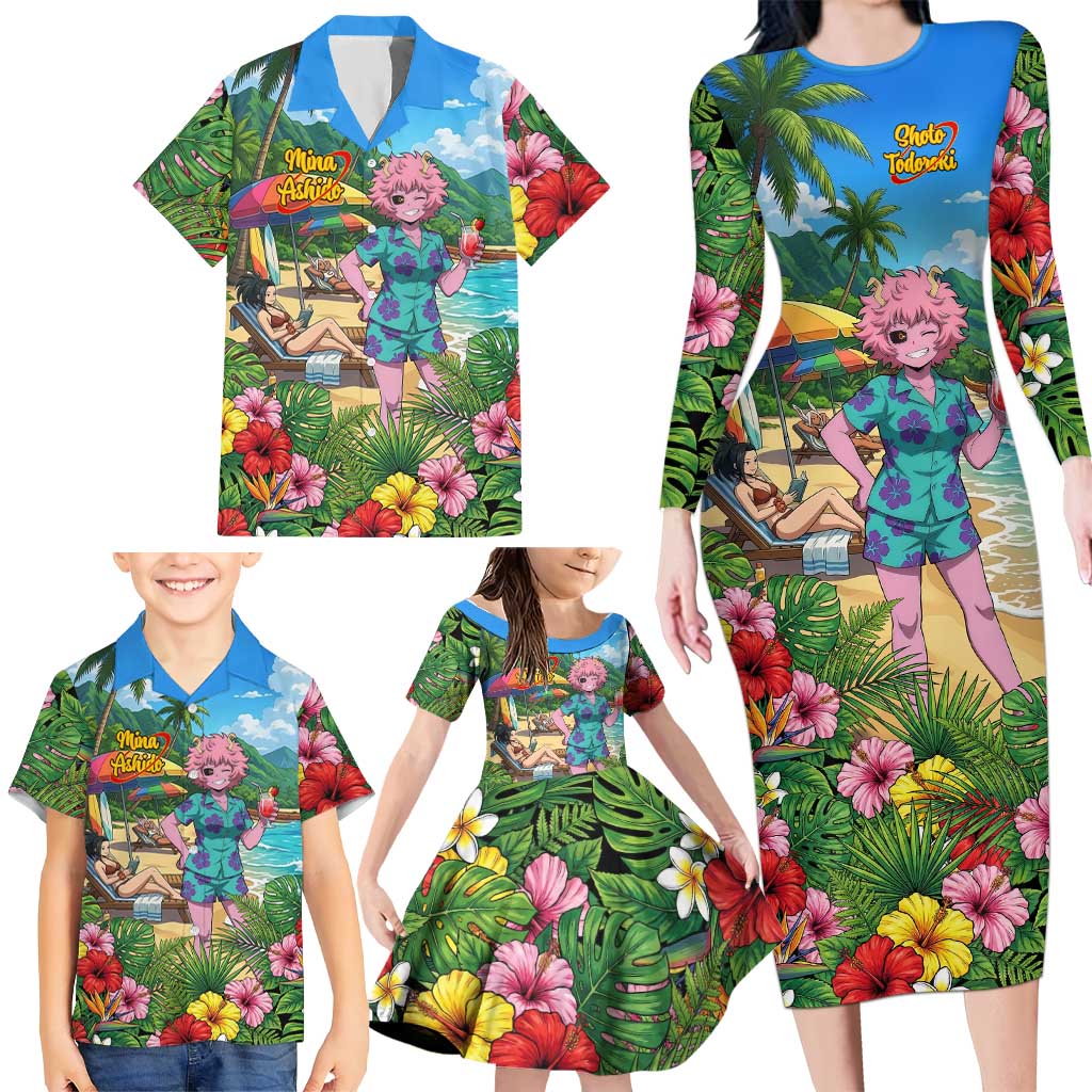 Mina Ashido Summer Chill Family Matching Long Sleeve Bodycon Dress and Hawaiian Shirt Tropical Anime Cocktail Vibes