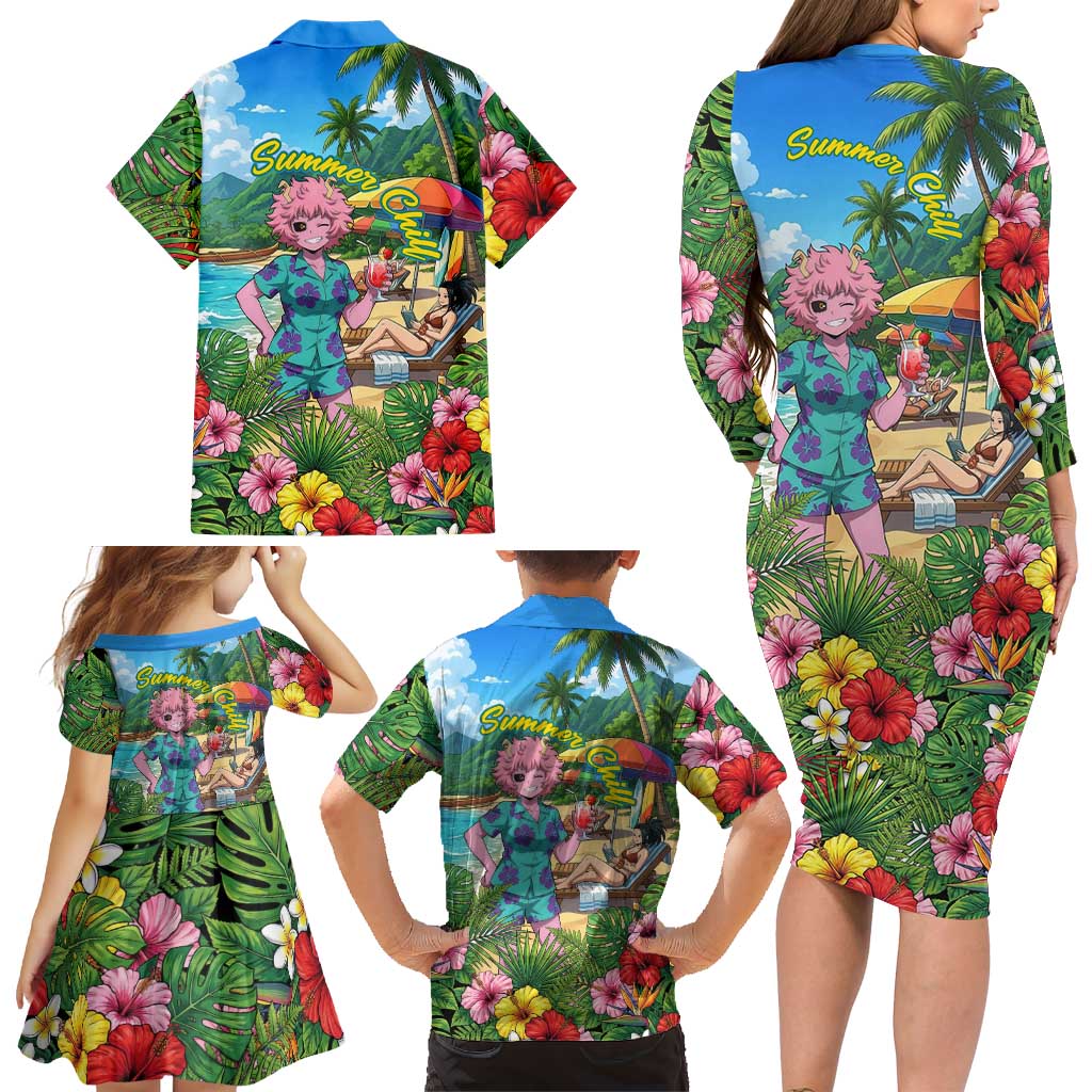 Mina Ashido Summer Chill Family Matching Long Sleeve Bodycon Dress and Hawaiian Shirt Tropical Anime Cocktail Vibes