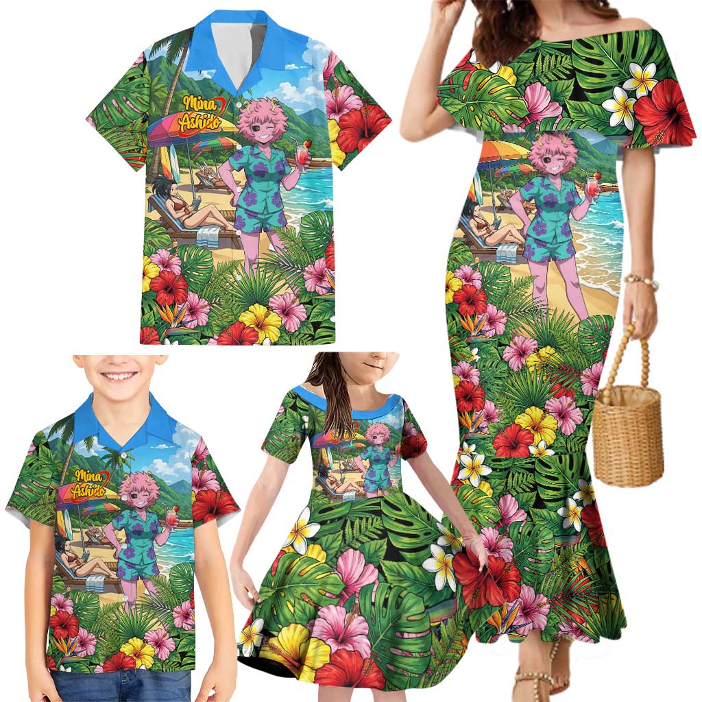 Mina Ashido Summer Chill Family Matching Mermaid Dress and Hawaiian Shirt Tropical Anime Cocktail Vibes