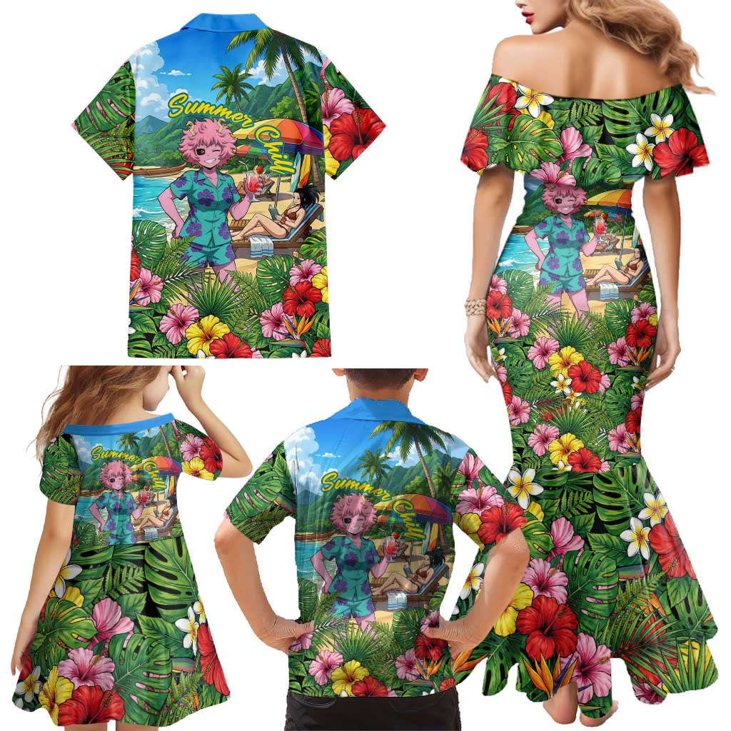Mina Ashido Summer Chill Family Matching Mermaid Dress and Hawaiian Shirt Tropical Anime Cocktail Vibes