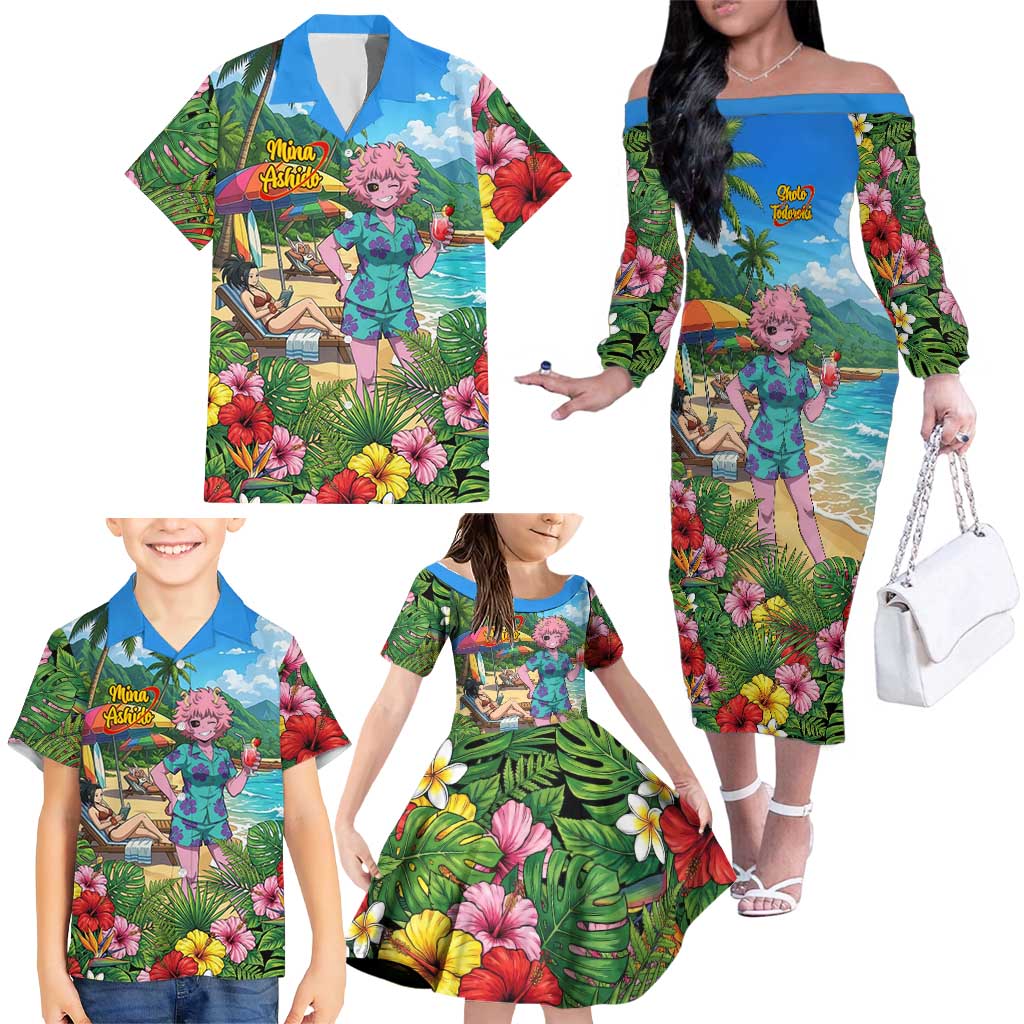 Mina Ashido Summer Chill Family Matching Off The Shoulder Long Sleeve Dress and Hawaiian Shirt Tropical Anime Cocktail Vibes