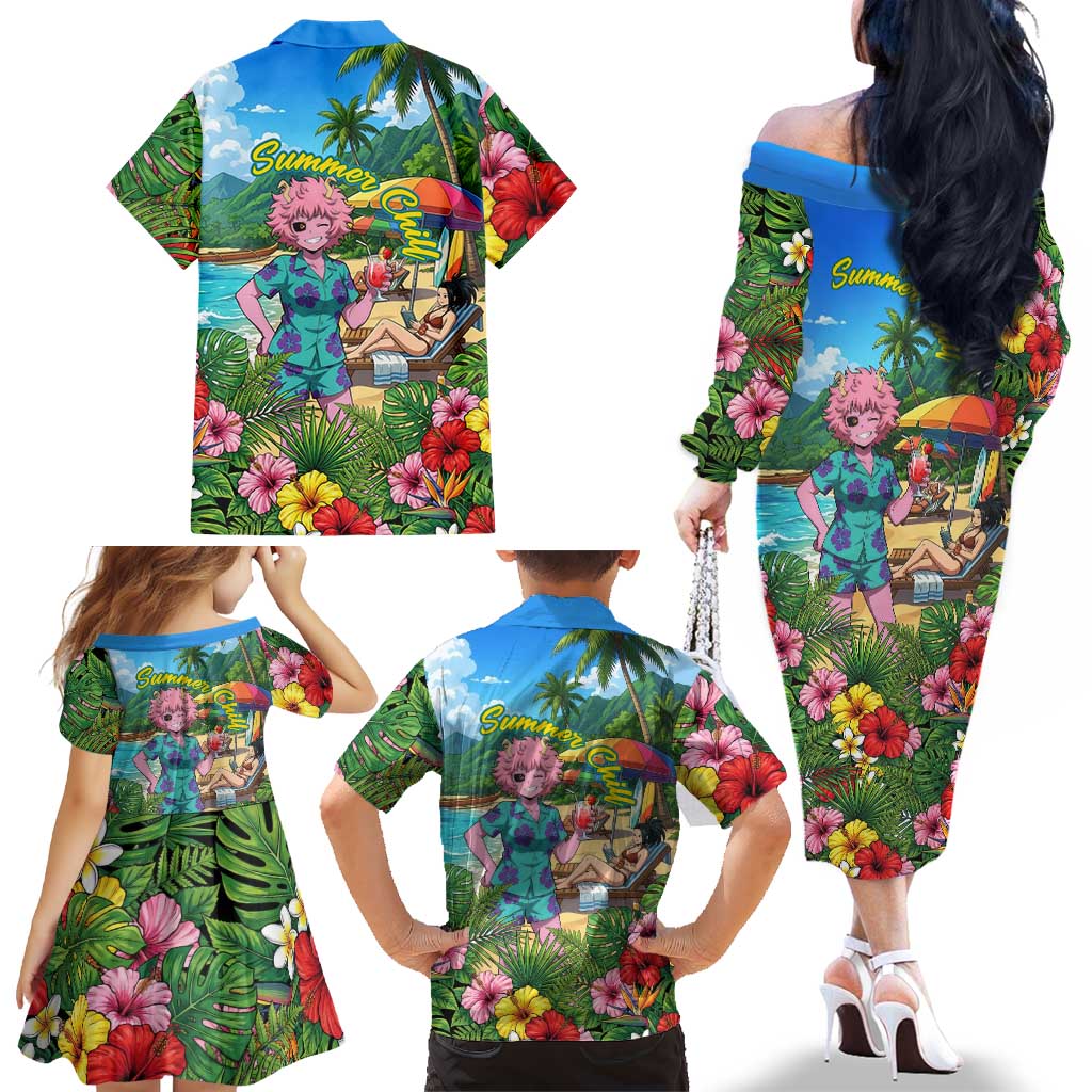 Mina Ashido Summer Chill Family Matching Off The Shoulder Long Sleeve Dress and Hawaiian Shirt Tropical Anime Cocktail Vibes