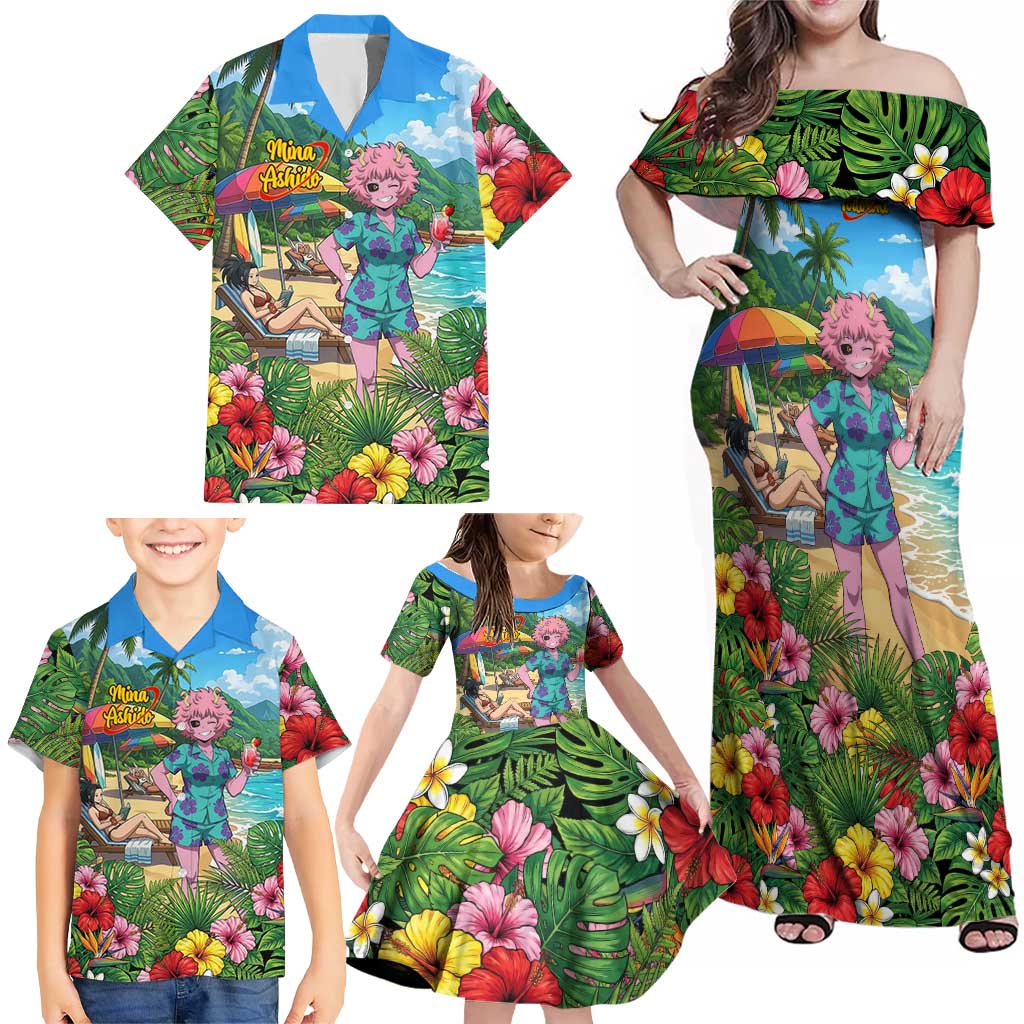 Mina Ashido Summer Chill Family Matching Off Shoulder Maxi Dress and Hawaiian Shirt Tropical Anime Cocktail Vibes