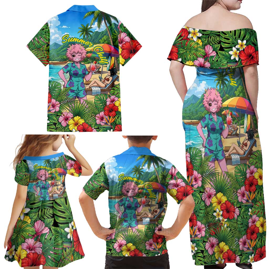 Mina Ashido Summer Chill Family Matching Off Shoulder Maxi Dress and Hawaiian Shirt Tropical Anime Cocktail Vibes