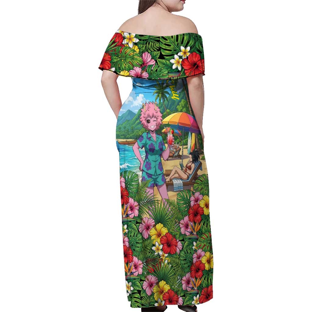 Mina Ashido Summer Chill Family Matching Off Shoulder Maxi Dress and Hawaiian Shirt Tropical Anime Cocktail Vibes