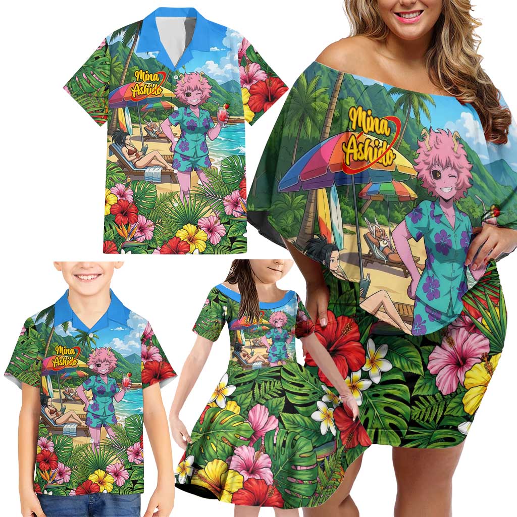 Mina Ashido Summer Chill Family Matching Off Shoulder Short Dress and Hawaiian Shirt Tropical Anime Cocktail Vibes