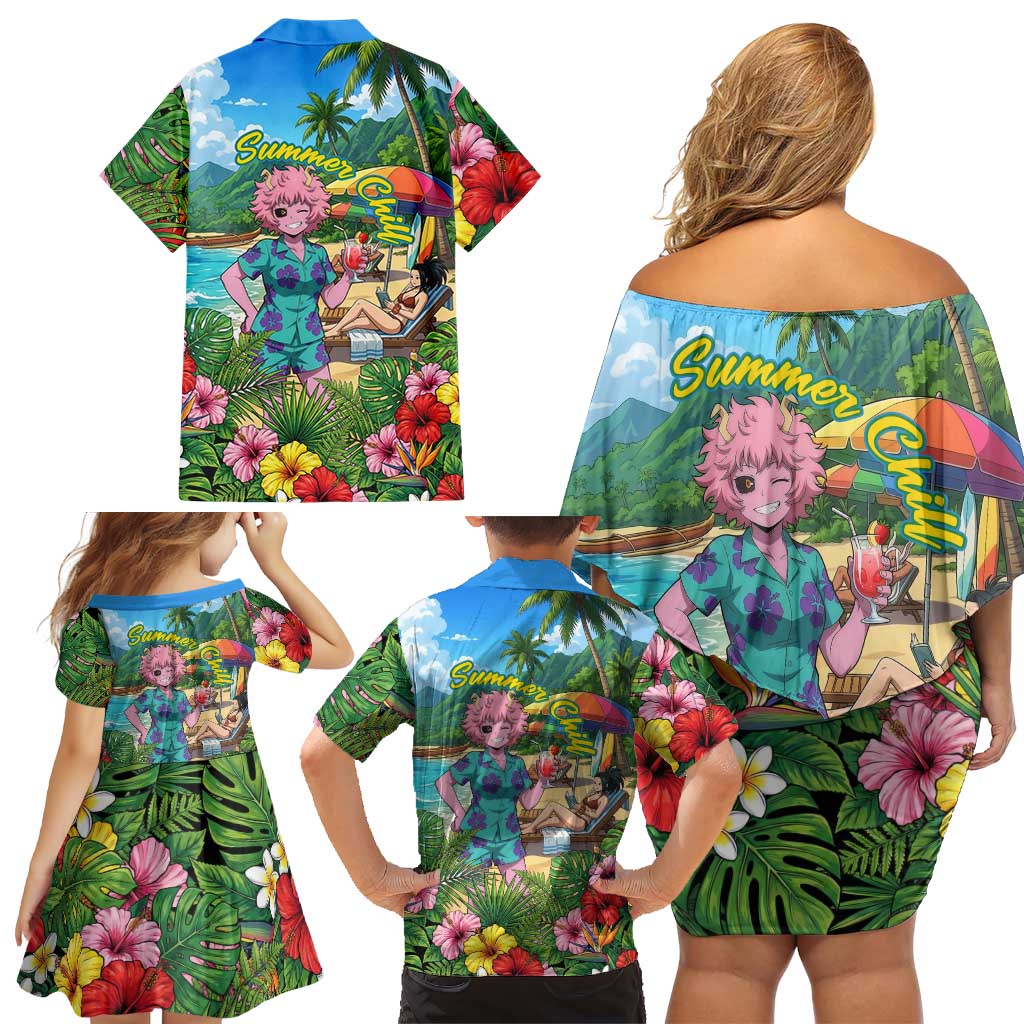 Mina Ashido Summer Chill Family Matching Off Shoulder Short Dress and Hawaiian Shirt Tropical Anime Cocktail Vibes
