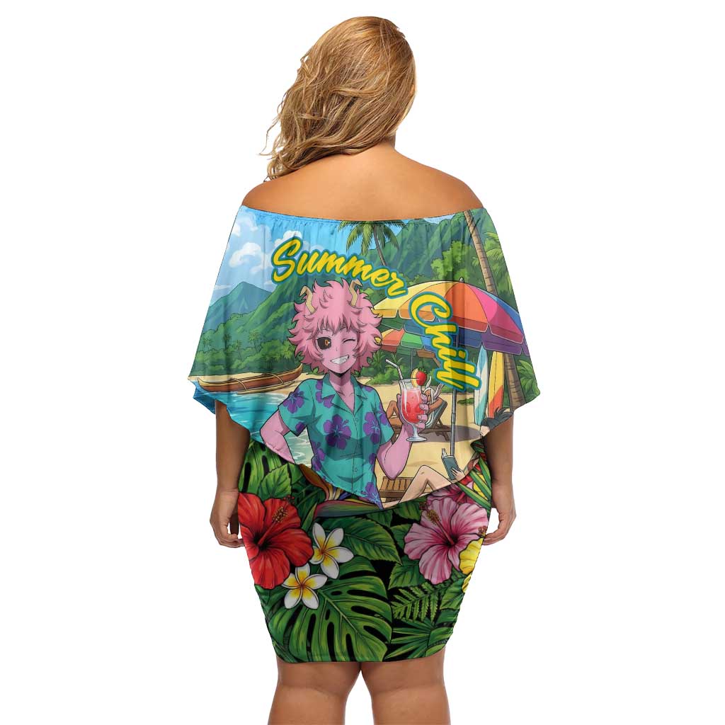 Mina Ashido Summer Chill Family Matching Off Shoulder Short Dress and Hawaiian Shirt Tropical Anime Cocktail Vibes