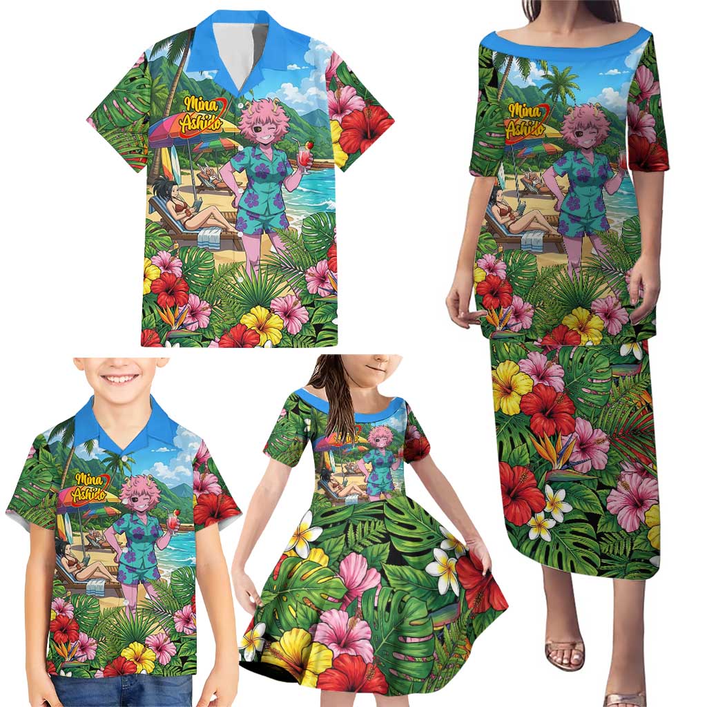 Mina Ashido Summer Chill Family Matching Puletasi and Hawaiian Shirt Tropical Anime Cocktail Vibes